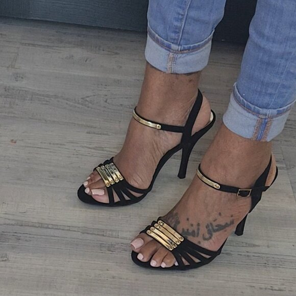 Black and Gold Strappy Open Toe Heels Size 8 - Picture 5 of 7